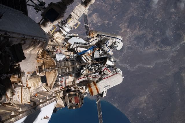 NASA image: Roscosmos cosmonauts Alexey Zubritsky and Sergey Ryzhikov during a spacewalk