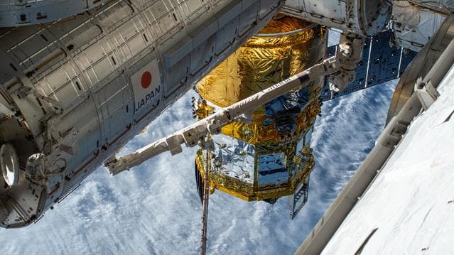 NASA image: The HTV-X1 cargo spacecraft is pictured berthed to the Harmony module