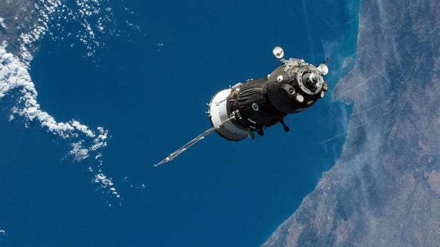 NASA image: The Soyuz MS-28 crew spacecraft approaches the International Space Station