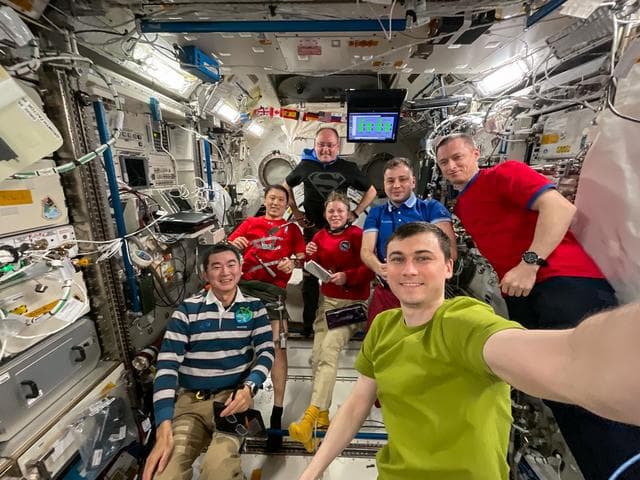 NASA image: Expedition 73 crew members pose for a group selfie aboard the International Space Station