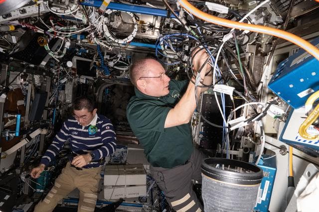 NASA image: Astronauts Kimiya Yui and Mike Fincke work on maintenance activities