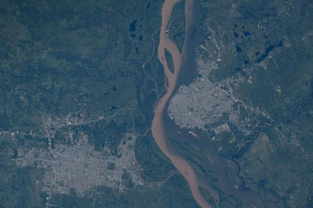 NASA image: The cities of Resistencia and Corrientes in Argentina on the Paraná River