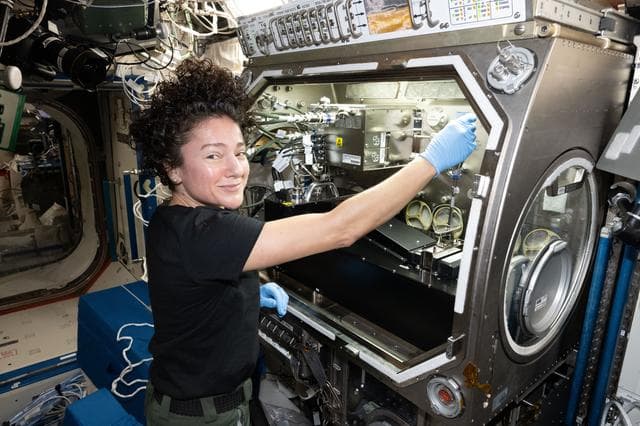 NASA image: NASA astronaut Jessica Meir configures research gear inside the Microgravity Science Glovebox