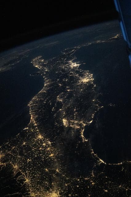 NASA image: Nighttime image of Italy looks southward toward the Mediterranean