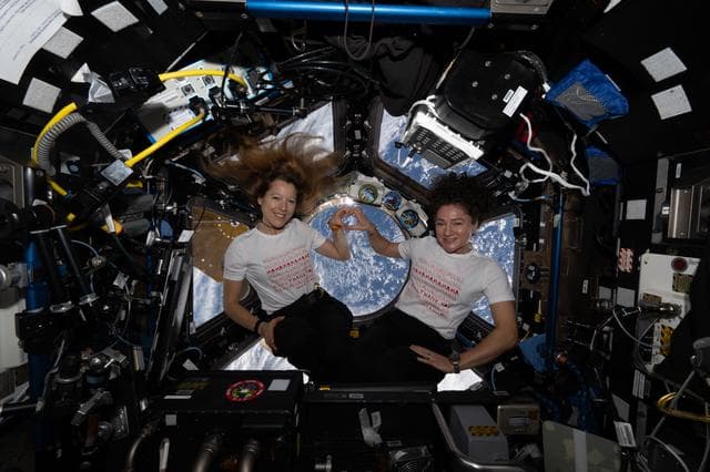 NASA image: Astronauts Sophie Adenot and Jessica Meir celebrate Mother's Day aboard the International Space Station