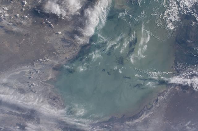 NASA image: The northern part of the Caspian Sea, bordered by Kazakhstan, is fresher than the southern portion