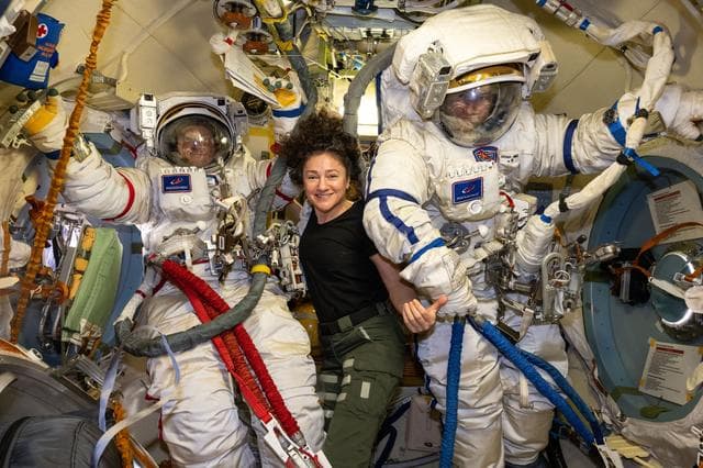 NASA image: Cosmonauts Sergey Kud-Sverchkov and Sergei Mikaev try on their Orlan spacesuits
