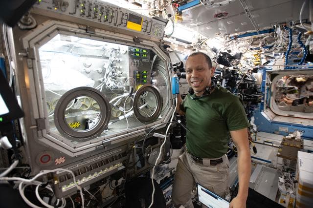 NASA image: NASA astronaut Chris Williams shows off the Destiny laboratory module’s Microgravity Science Glovebox