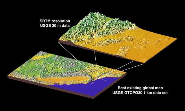 NASA image: Comparison of current map data with data from STS-99 SRTM