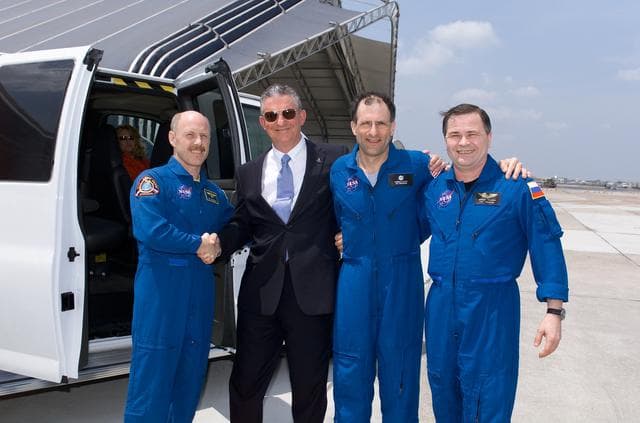NASA image: International Space Station Expedition 6 crew arrival at Ellington Field for crew return to JSC.