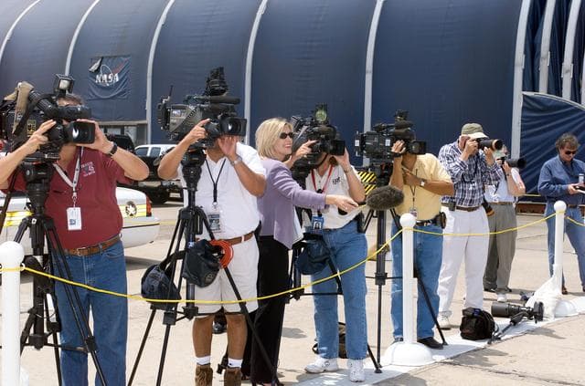 NASA image: International Space Station Expedition 6 crew arrival at Ellington Field for crew return to JSC.