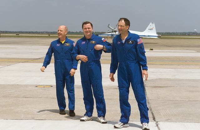 NASA image: International Space Station Expedition 6 crew arrival at Ellington Field for crew return to JSC.