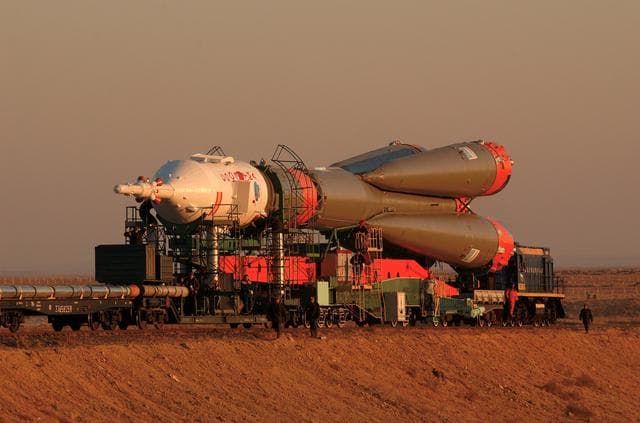 NASA image: Soyuz TMA-3 and booster rocket transport and raise on launch pad at Baikonur Cosmodrome