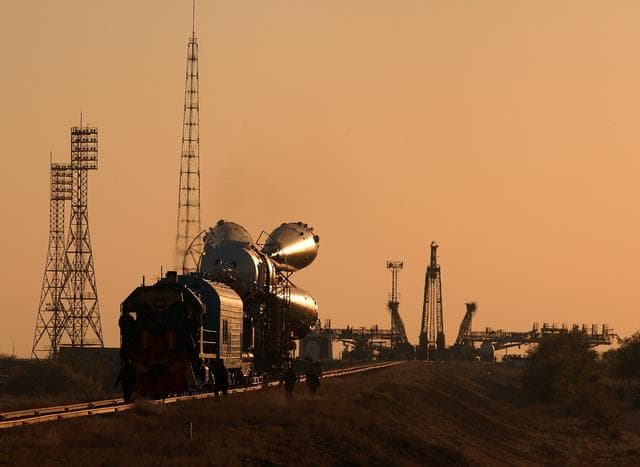 NASA image: Soyuz TMA-3 and booster rocket transport and raise on launch pad at Baikonur Cosmodrome