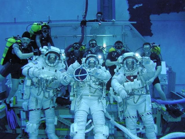 NASA image: STS-114 astronauts during underwater training