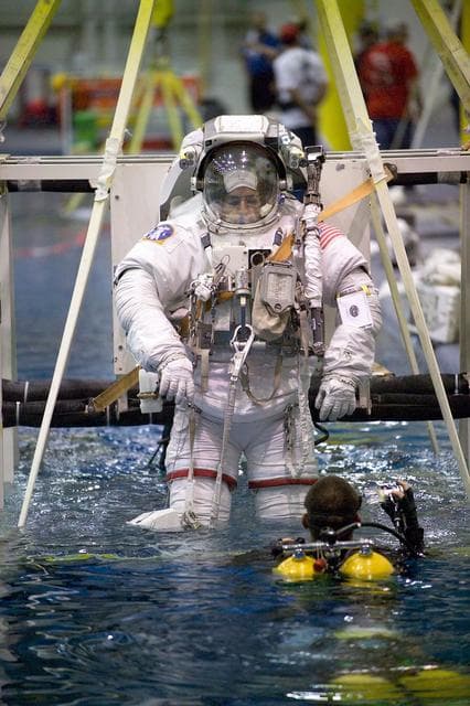 NASA image: McArthur and Tokarev suiting up for Expedition 12 NBL Training Session.