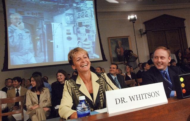 NASA image: Whitson and Fincke in MCC during  House Subcommittee on Space and Aeronautics hearing