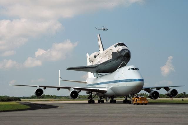 NASA image: The Space Shuttle Discovery, atop a specially modified Boeing 747