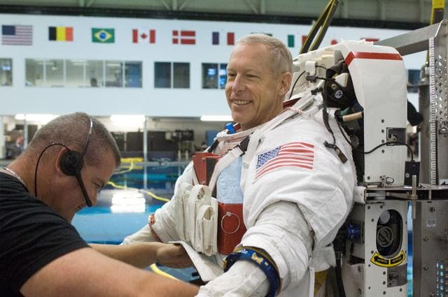 NASA image: STS-117 Crewmembers Pat Forrester and Steve Swanson during training