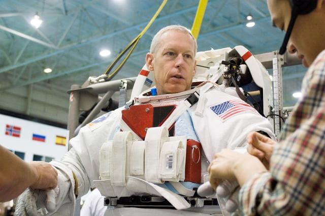 NASA image: STS-117 Crewmembers Pat Forrester and Steve Swanson during training