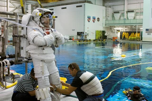NASA image: STS-117 Crewmembers Pat Forrester and Steve Swanson during training