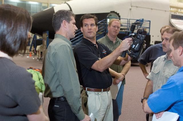 NASA image: STS-125 Crew during Post Insertion/Deorbit Prep training in CCT II mockup.