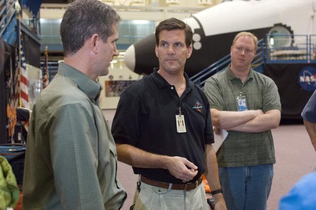 NASA image: STS-125 Crew during Post Insertion/Deorbit Prep training in CCT II mockup.