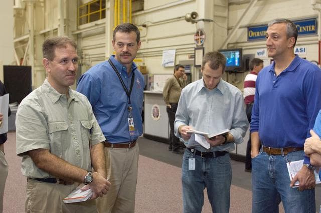 NASA image: STS-125 Crew during Post Insertion/Deorbit Prep training in CCT II mockup.