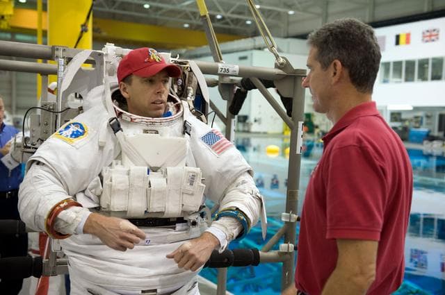 NASA image: STS-125 crew training. Astronauts Grunsfeld and Feustel