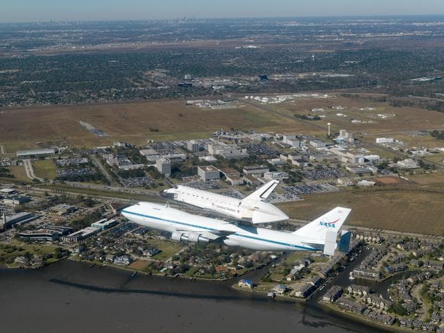 NASA image: Space Shuttle Endeavour flies by Johnson Space Center
