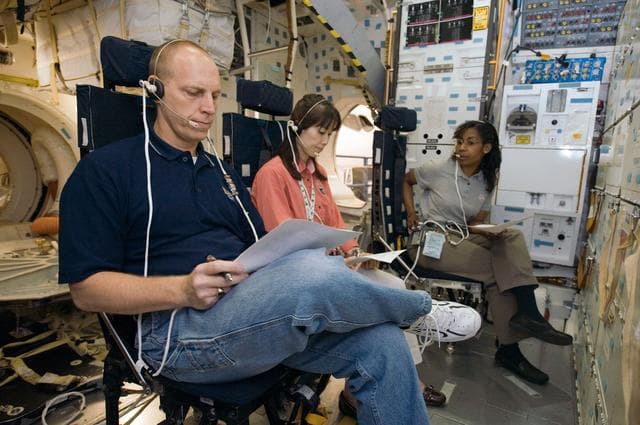 NASA image: Preflight Coverage, STS-131 crew members during their FLT COMM PLN in FFT 1 