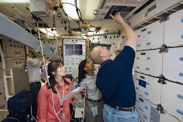 NASA image: Preflight Coverage, STS-131 crew members during their FLT COMM PLN in FFT 1 