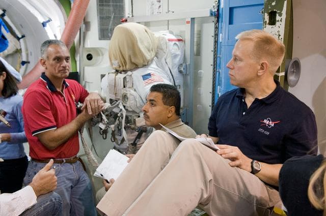 NASA image: Preflight coverage of STS-128 & Expedition 20 crews training in ISS Airlock mockup. 