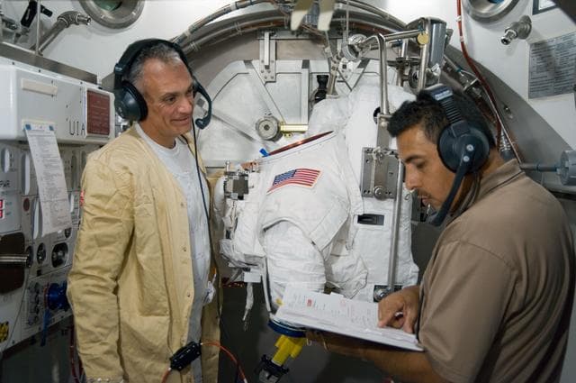 NASA image: SSATA Crew Training and EMU Verification for STS-128 crew member Danny Olivas during suited dry run.