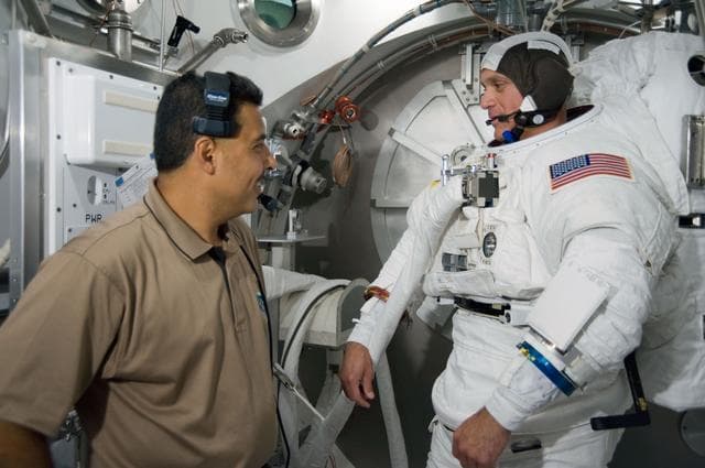 NASA image: SSATA Crew Training and EMU Verification for STS-128 crew member Danny Olivas during suited dry run. 