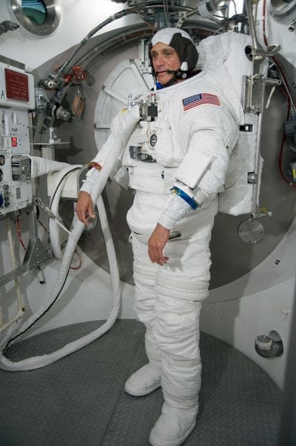 NASA image: SSATA Crew Training and EMU Verification for STS-128 crew member Danny Olivas during suited dry run. 