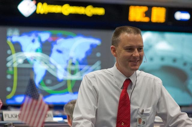NASA image: STS-125 Flight Controllers on Console - (Orbit Shift)