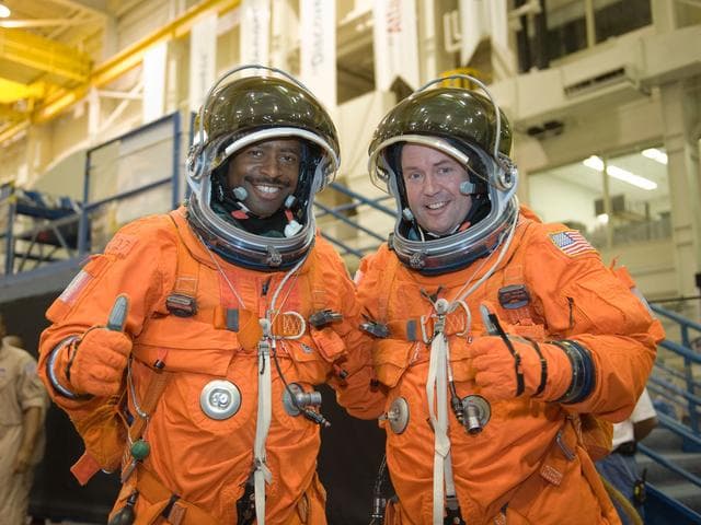 NASA image: STS-129 Preflight Training. Suited payload egress training.