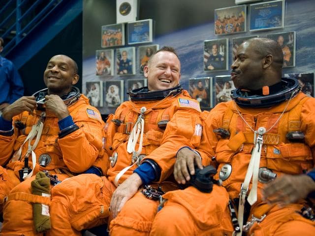 NASA image: STS-129 Preflight Training. Suited payload egress training.