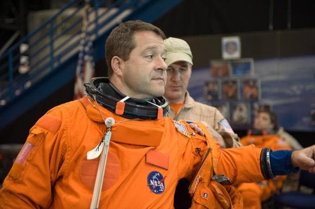 NASA image: STS-130 crew during payload egress training at Full Fuselage Trainer (FFT). 