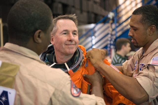 NASA image: STS-130 crew during payload egress training at Full Fuselage Trainer (FFT). 