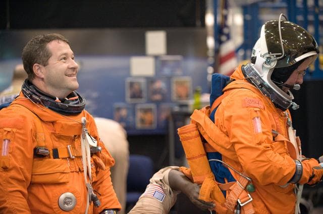 NASA image: STS-130 crew during payload egress training at Full Fuselage Trainer (FFT). 