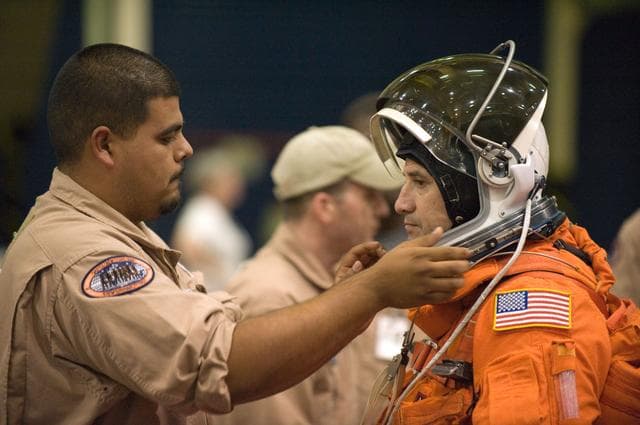 NASA image: STS-130 crew during payload egress training at Full Fuselage Trainer (FFT). 