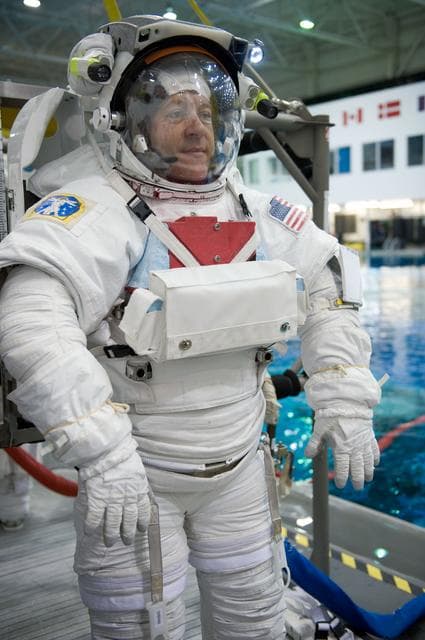 NASA image: STS-130 crew members George Zamka, Steve Robinson helping Robert Behnken and Nick Patrick 