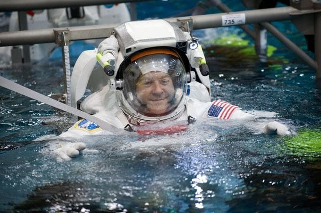 NASA image: STS-130 crew members George Zamka, Steve Robinson helping Robert Behnken and Nick Patrick 