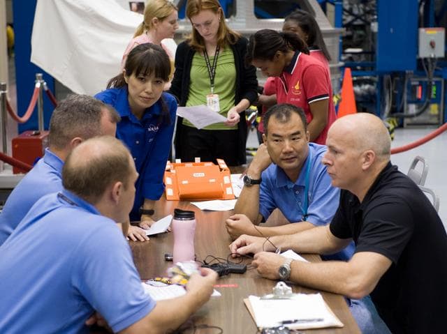 NASA image: STS-131 & Expedition 22 crew during ISS/STS Emergency Scene Training 