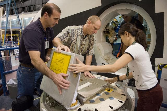 NASA image: STS-131 suited payload egress training (FFT PLD EG 91019) with the STS-131 crew. 