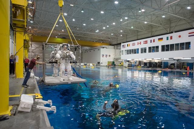 NASA image: Expedition 24 crew members Tracy Caldwell and Doug Wheelock during ISS EVA 1 91027 training 