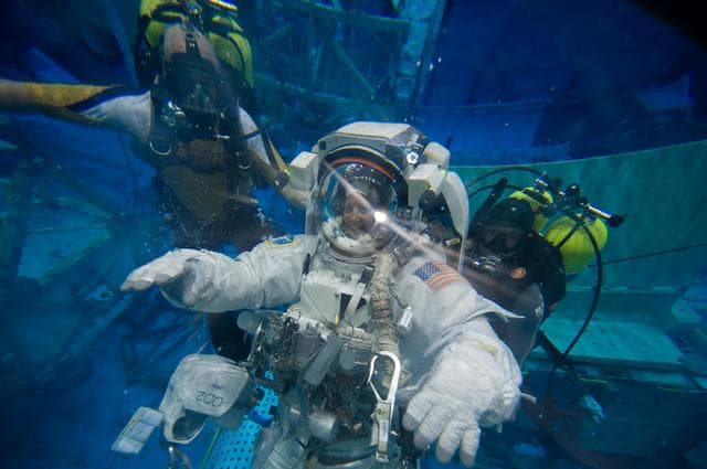 NASA image: Expedition 24 crew members Tracy Caldwell and Doug Wheelock during ISS EVA 1 91027 training 