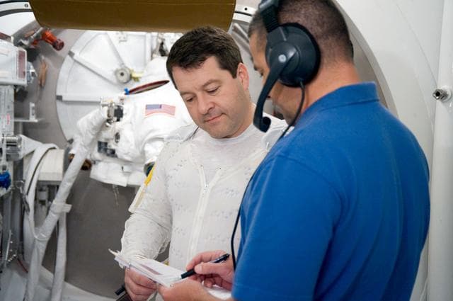 NASA image: STS-130 astronaut Nick Patrick during dry run for SSATA Crew Training and EMU Verification for STS-130.